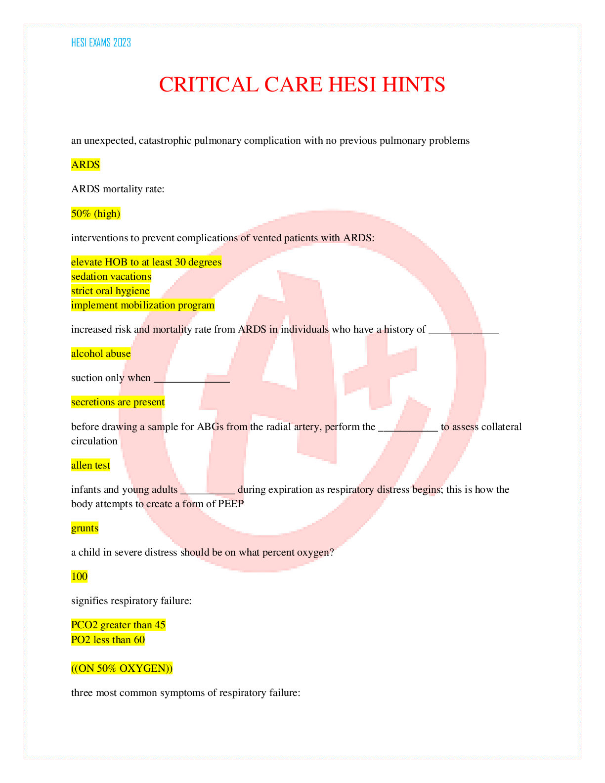 Preview image for CRITICAL CARE HESI HINTS